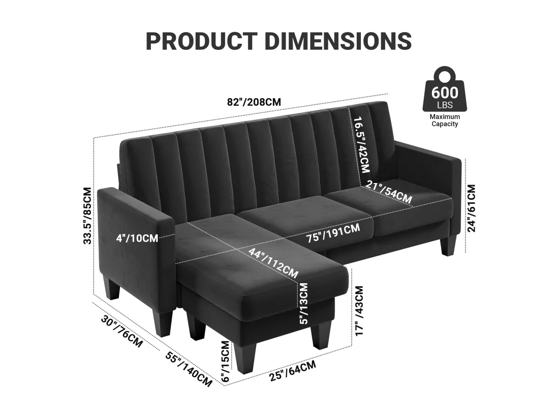 Canapé d'angle 3/4 places réversible en tissu noir - méridienne ou pouf - rayures verticales - 208x76x85cm