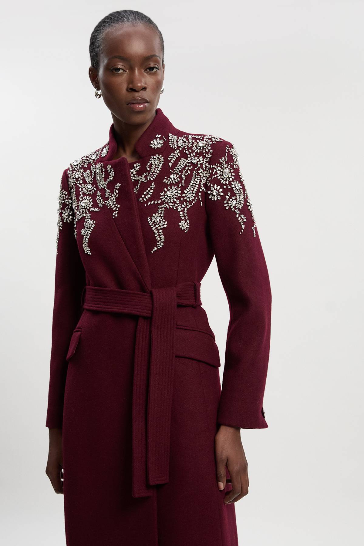 KarenMillen Manteau Maxi en Laine avec Ornements Cristal, Col Cranté et Ceinture