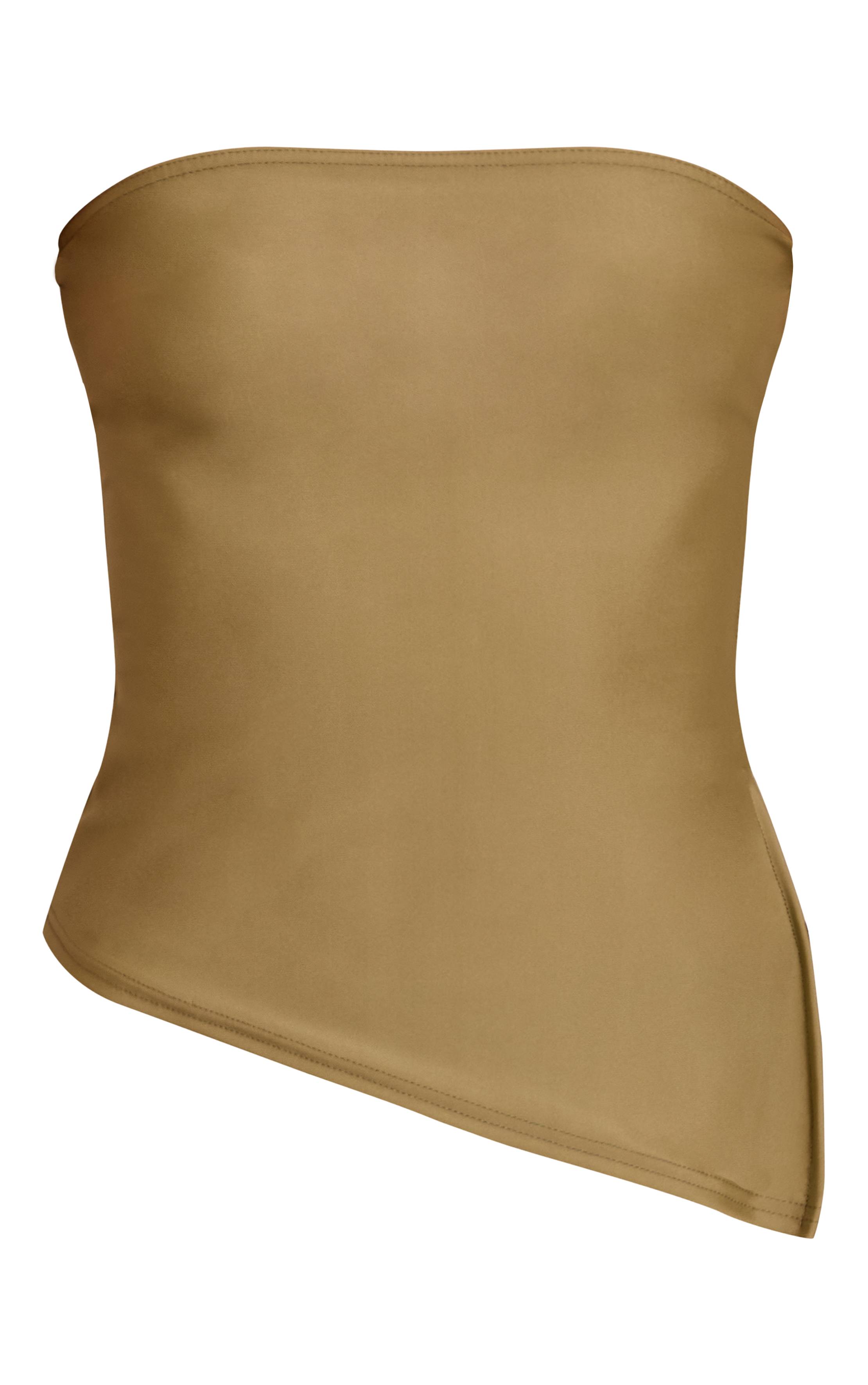 Vert Olive Top Bandeau Asymétrique Slinky Contour À Ourlet Fendu Longue Coupe