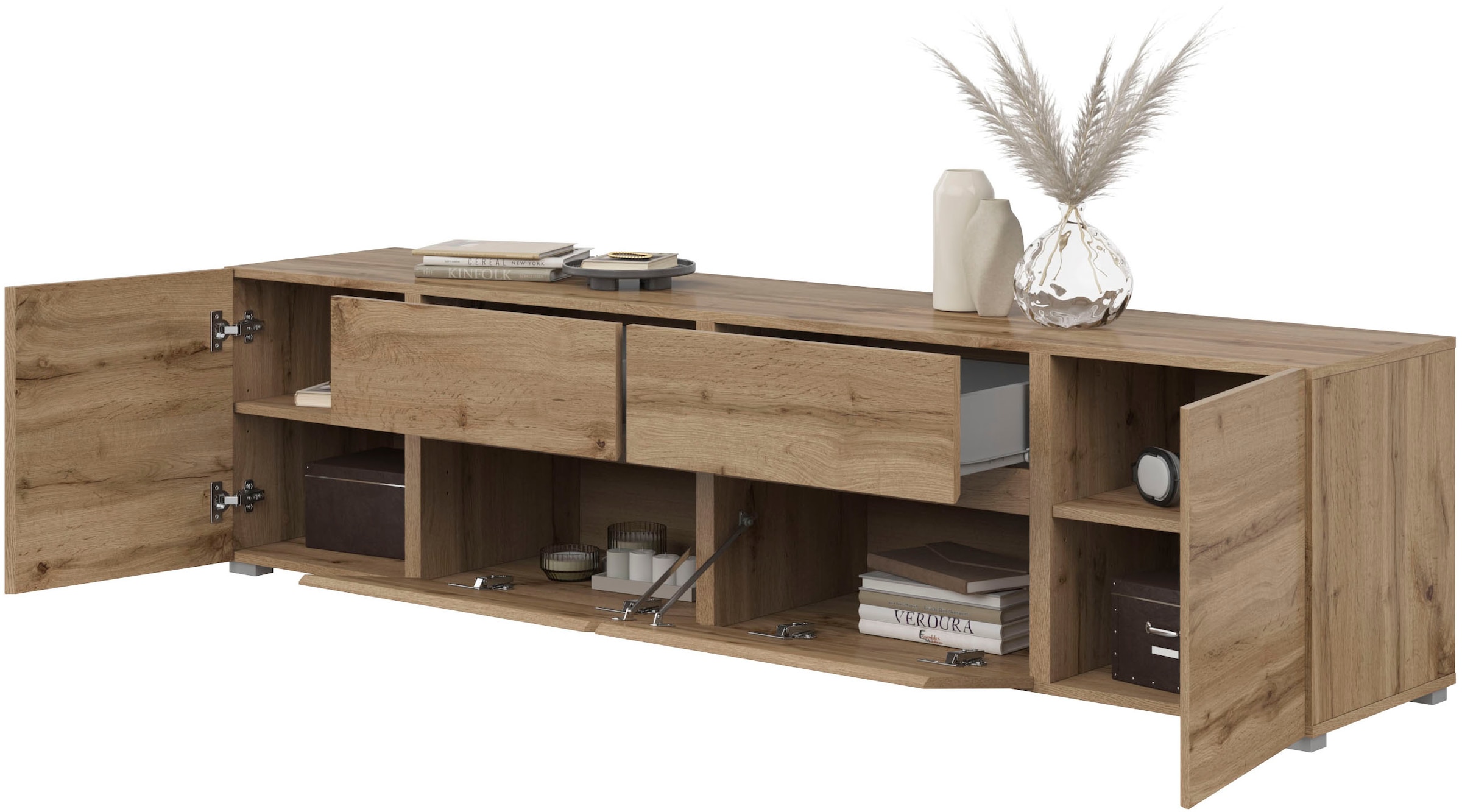 GOODproduct Lowboard »Metric,Breite 195cm, grifflose Lowboard 2Klappen/2Schubkästen/2Tür« TV-Schrank mit viel Stauraum, TV-Board