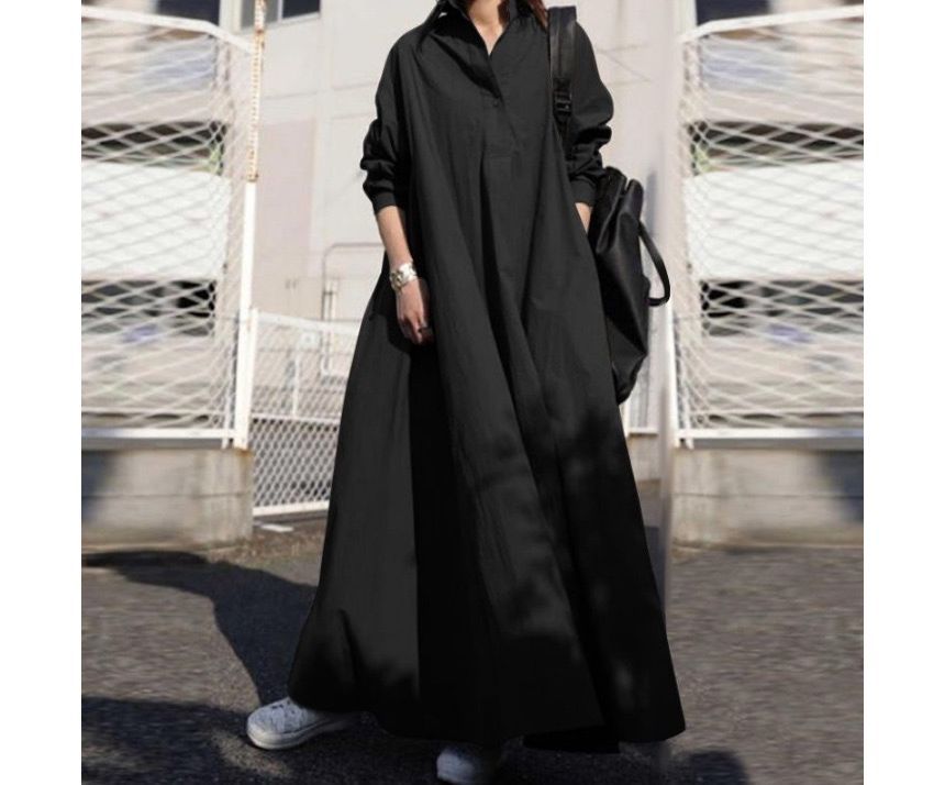Scabiosa - Lange mouwen Henley Effen Maxi Shirtjurk