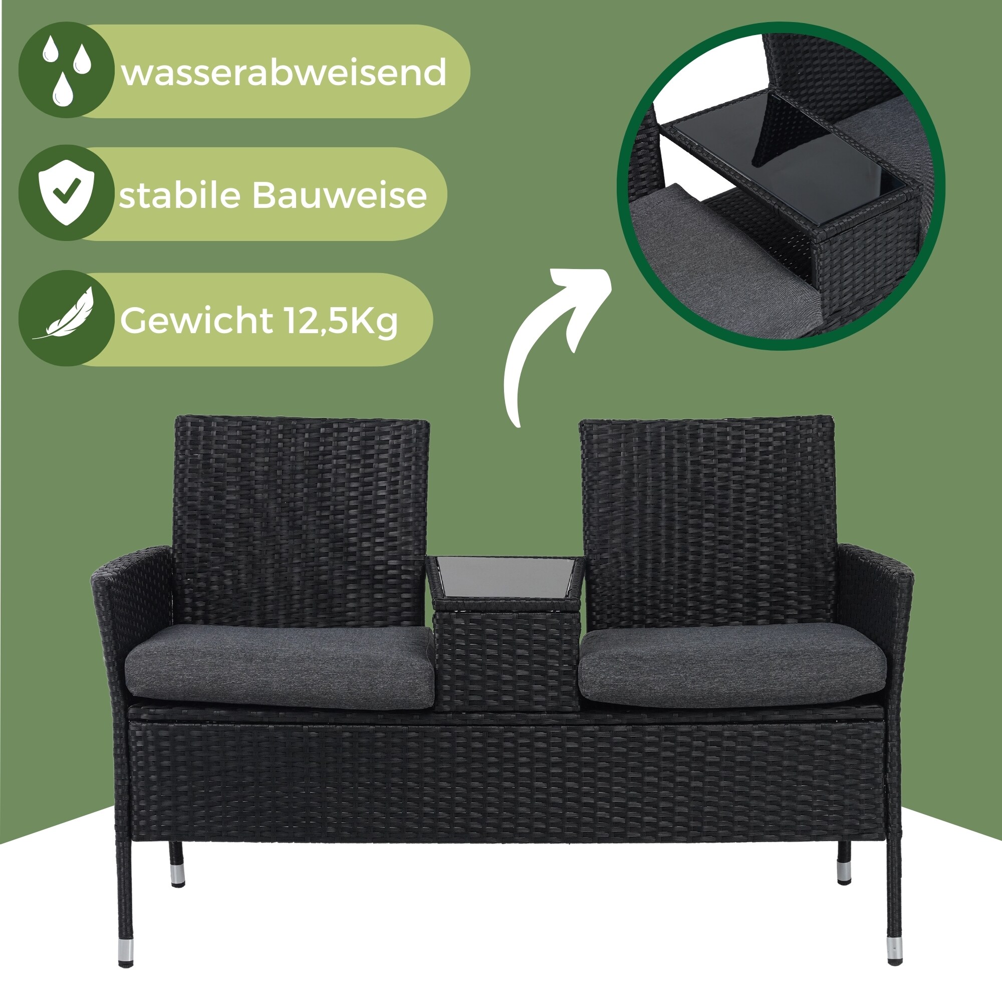 Albatros Gartenbank ANTONIO – Polyrattan Bank – 2-Sitzer Gartenbank mit Tischplatte aus Glas – UV beständig wetterfest – Stoffpolster – 134x82x55cm schwarz – VIP RELAX Sitzbank