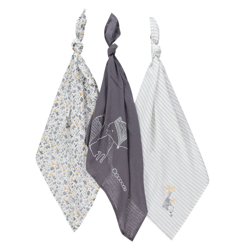 Lot de 3 langes en coton motifs animaux de la forêt - Gris clair