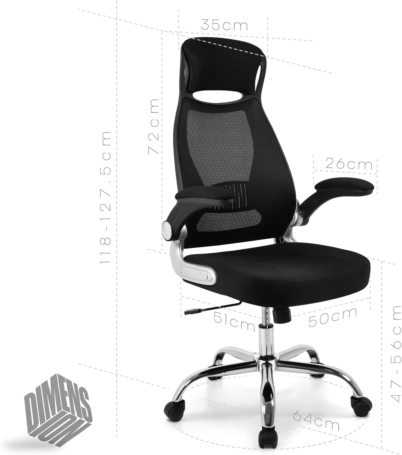IntimaTe WM Heart Bürostuhl, Schreibtischstuhl Ergonomisch, Chefsessel mit Integrierter Kopfstütze, Klappbare Armlehnen, Wippfunktion, 64 x 64 x 127.5cm (Schwarz)