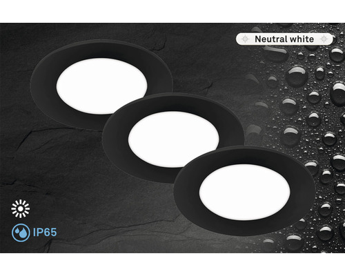 LED inbouwspots set, 3-delig, IP65, 3x3W, 3x350 lm, 4000 K, zwart, Ø 8,6/6,8 cm, 230V
