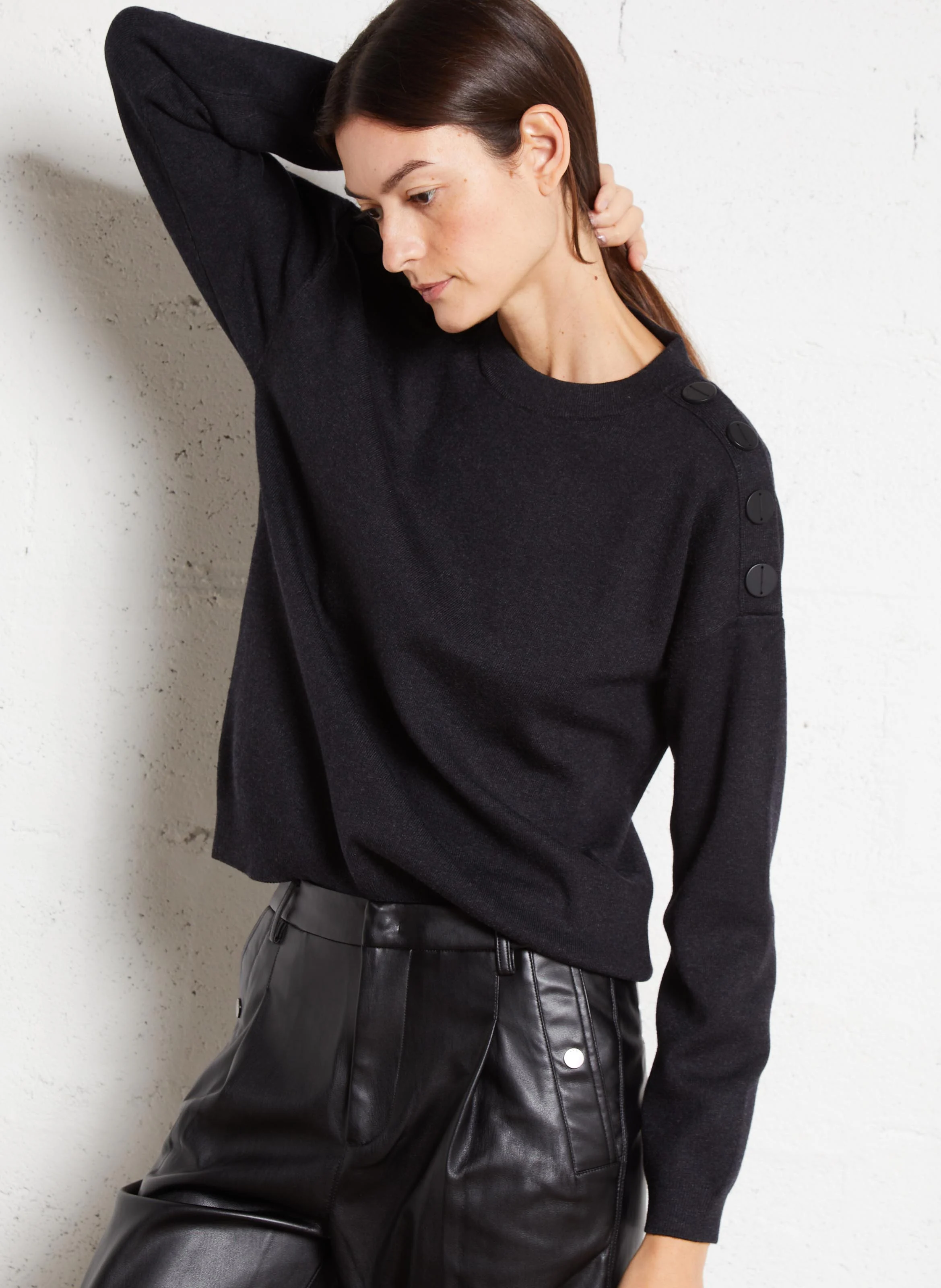 Pull droit col rond en maille mélangée | Gris