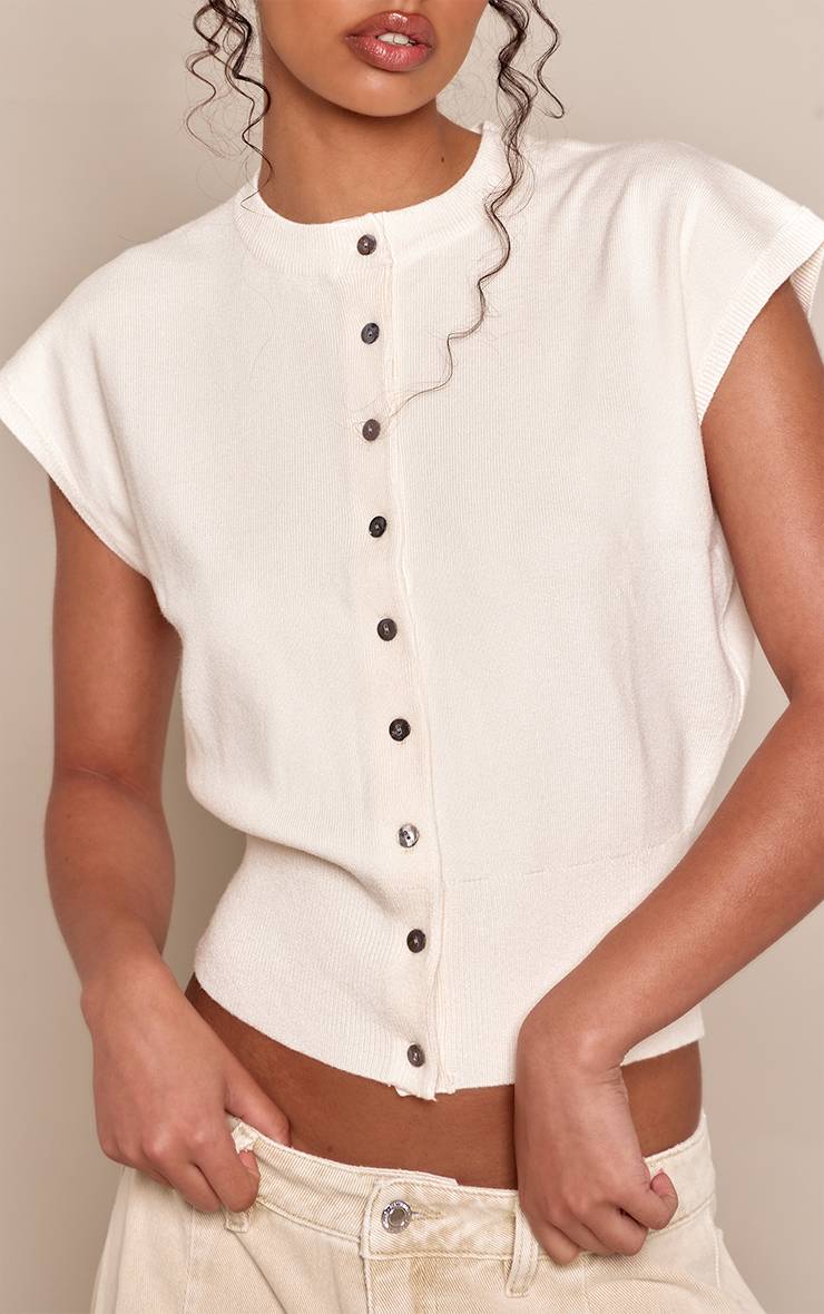 Crème Cardigan En Maille Compacte Cintré À Manches Courtes