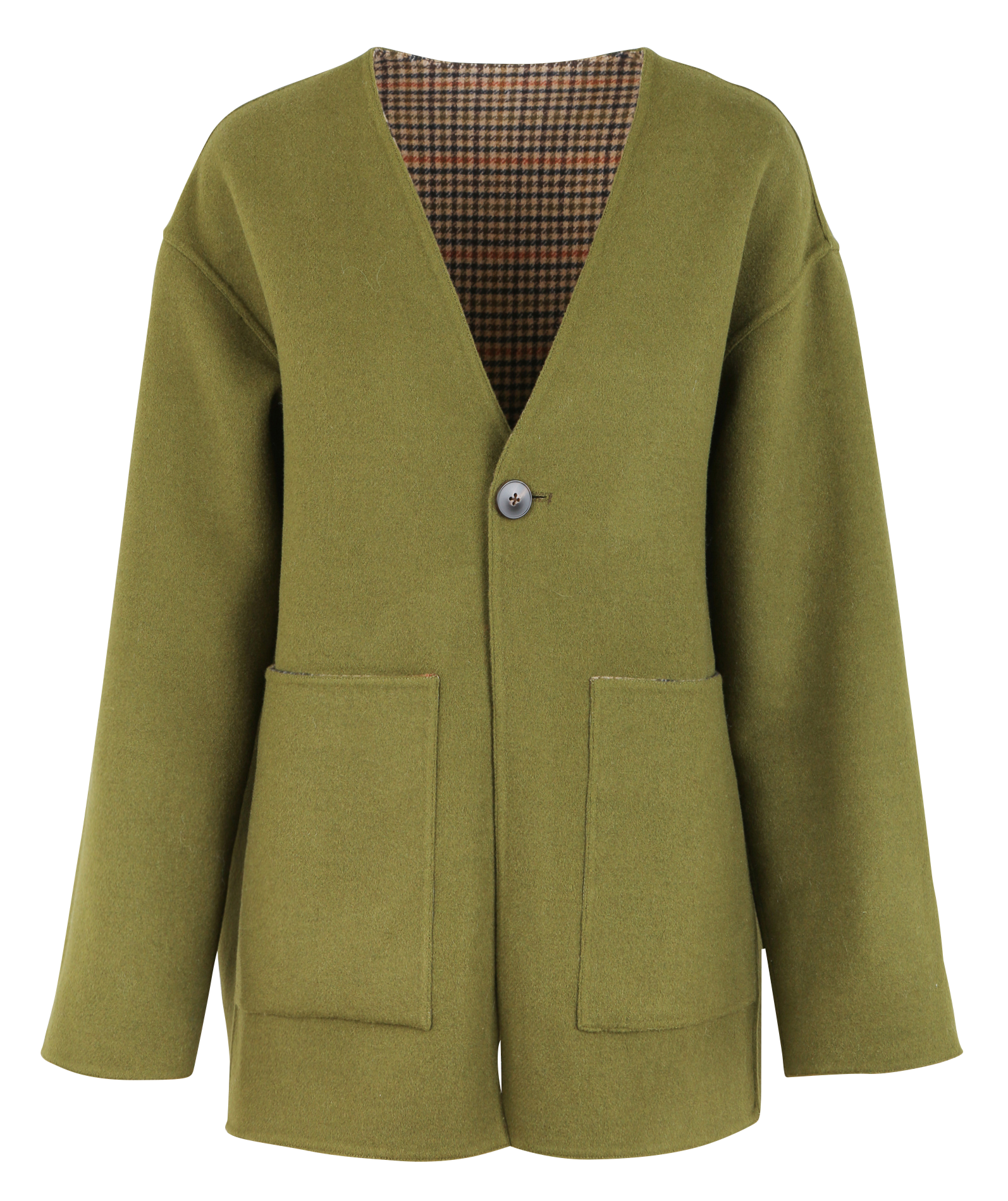 Veste réversible droite col V en laine mélangée | Kaki