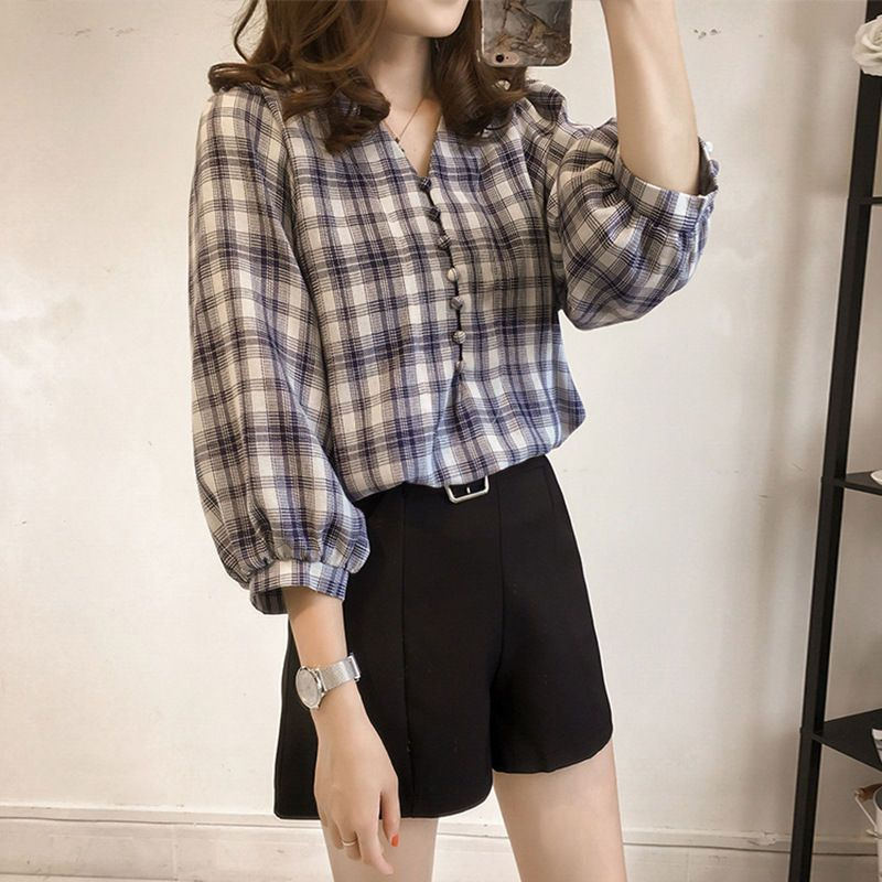 Frigga - Geruite blouse met 3/4 mouwen