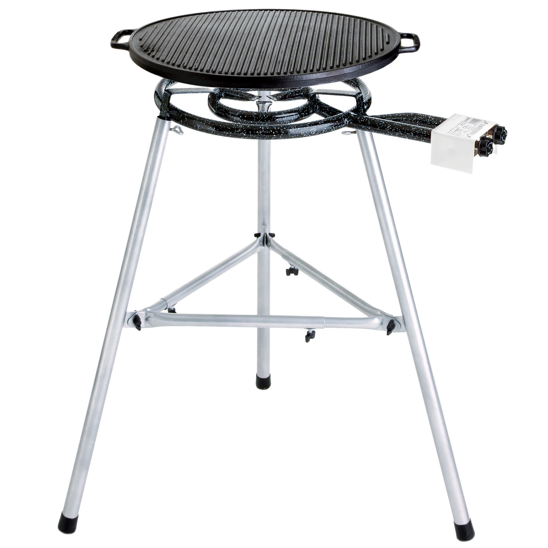 Hochwertiges Paella-Grill-Set mit Gusseisen-Grillplatte: 2-Ring Gasbrenner, stabiler Dreibein-Ständer, höhenverstellbar, Ø 38 cm