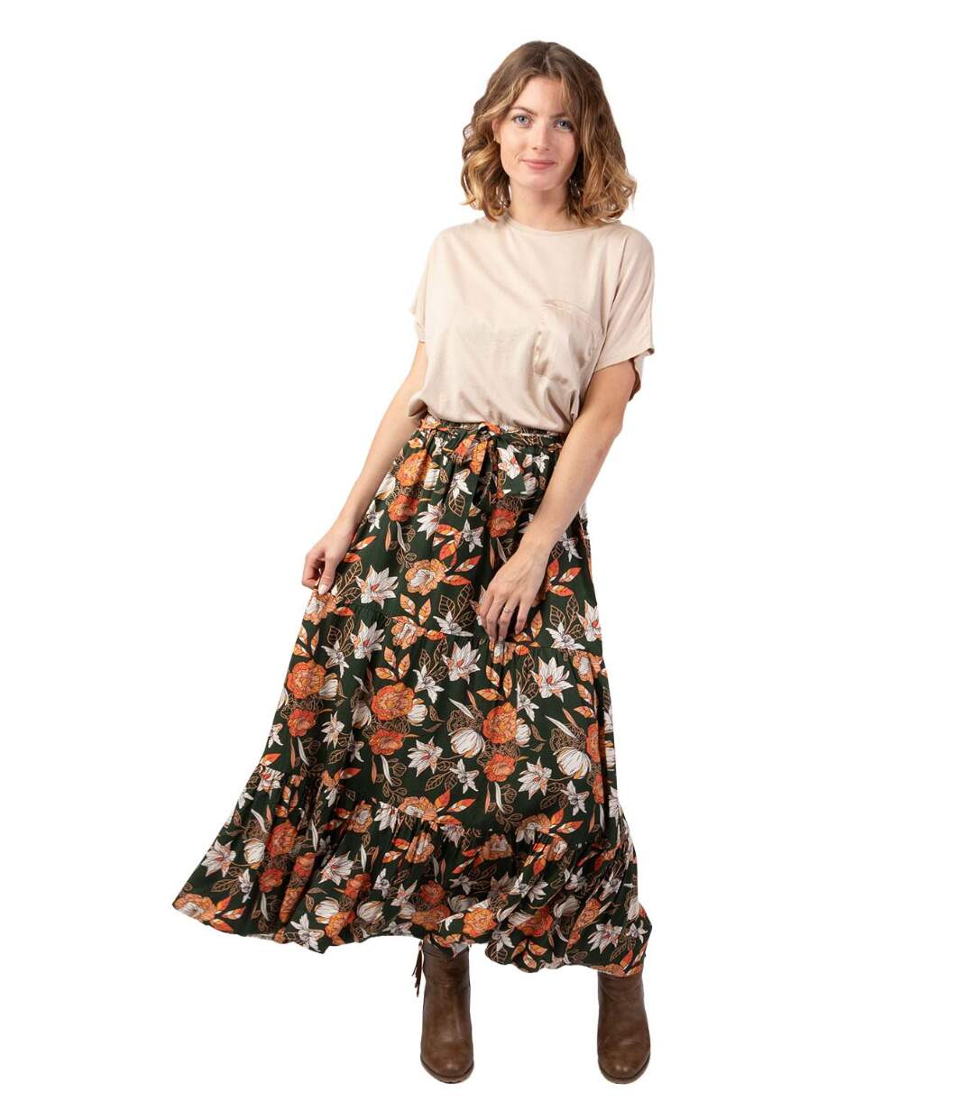 Jupe longue bohème en viscose épais FANNY imprimé fleuri kaki Coton Du Monde
