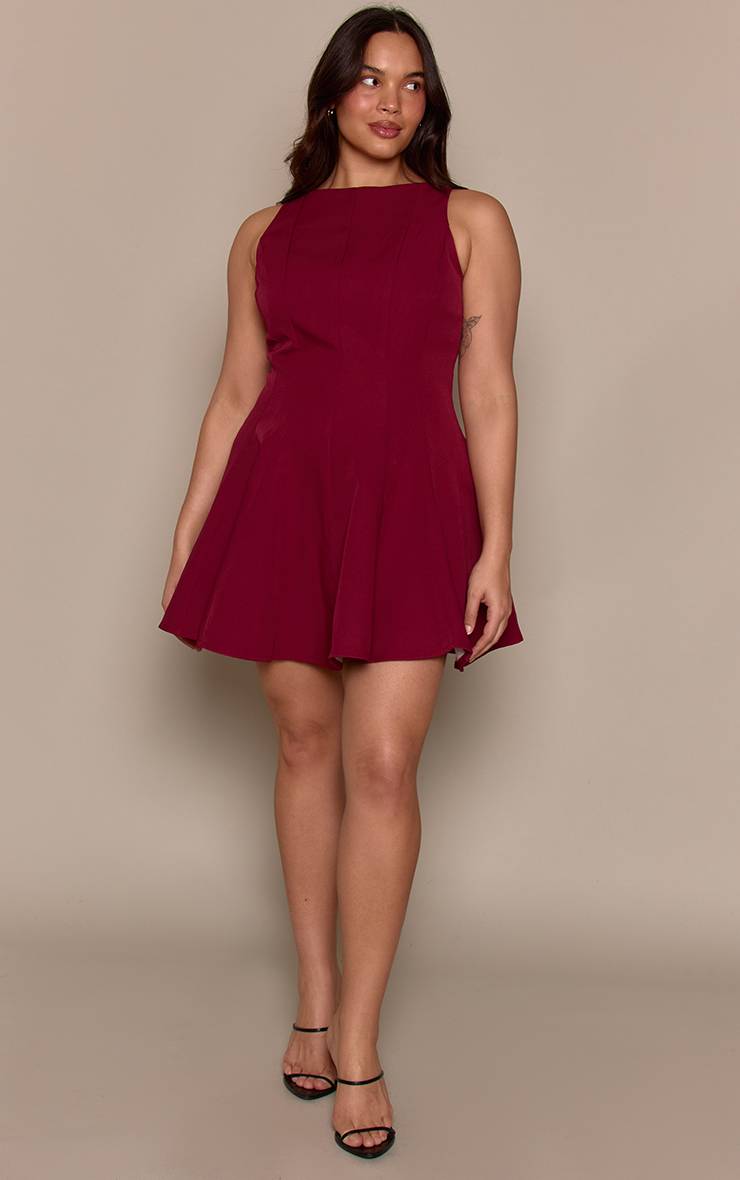 Rouge Bordeaux Robe Droite Grande Taille En Tissu Tissé Plissé À Encolure Oblique
