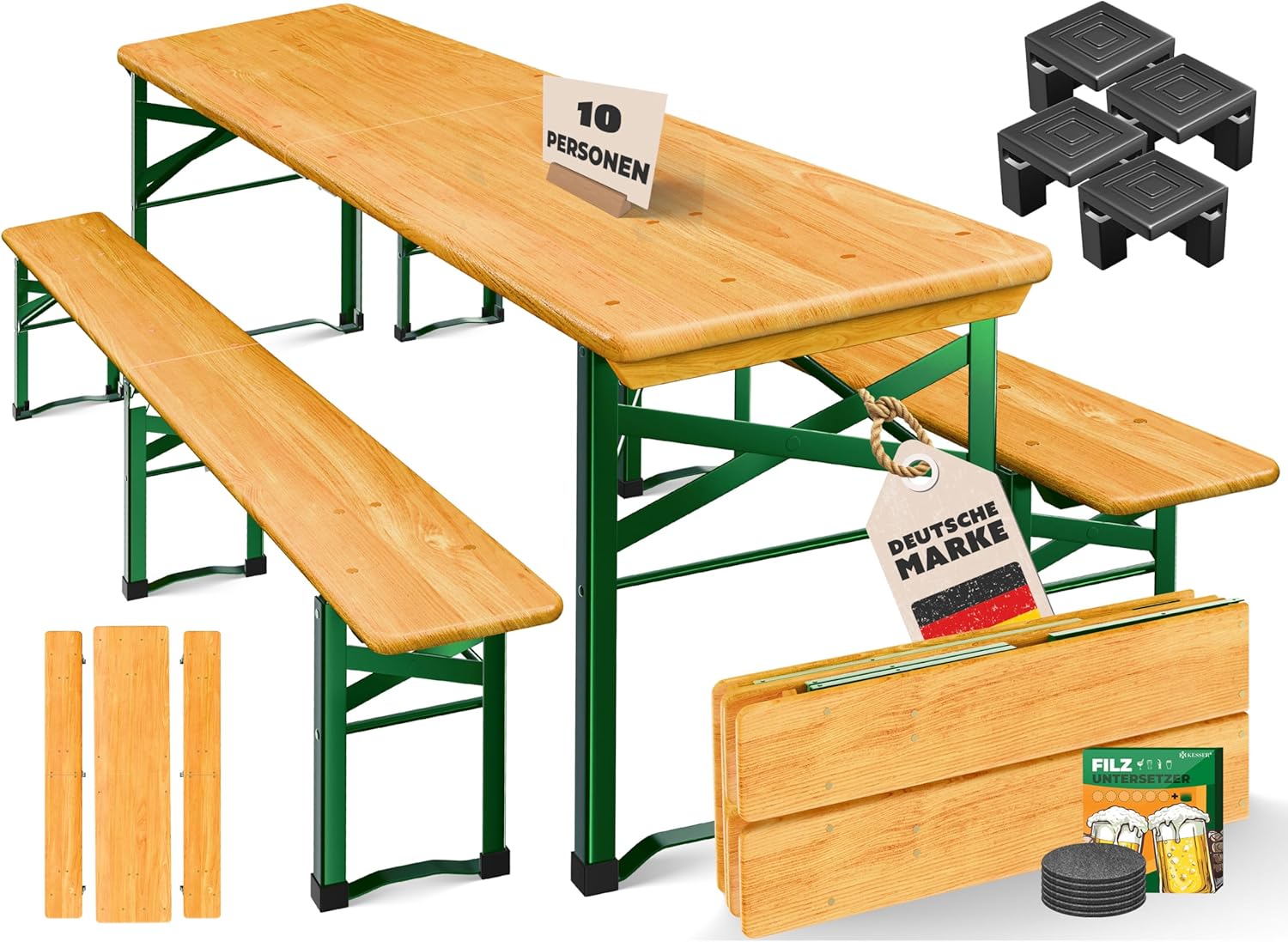 KESSER® Bierzeltgarnitur 3 teilig Gartenmöbel-Set | Klappbar 220 x 50 x 77cm | 2X Bierbänke 1x Biertisch | Festzeltgarnitur Biertisch Stehtisch Sitzgarnitur Holz 16-teiliges Bodenschoner-Set