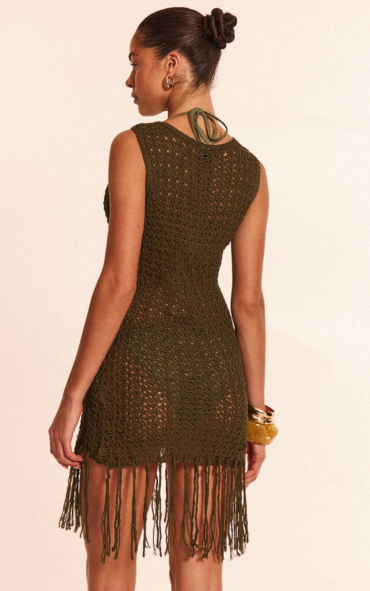 Vert Olive Robe Mini En Crochet À Col Bateau Et Pompons