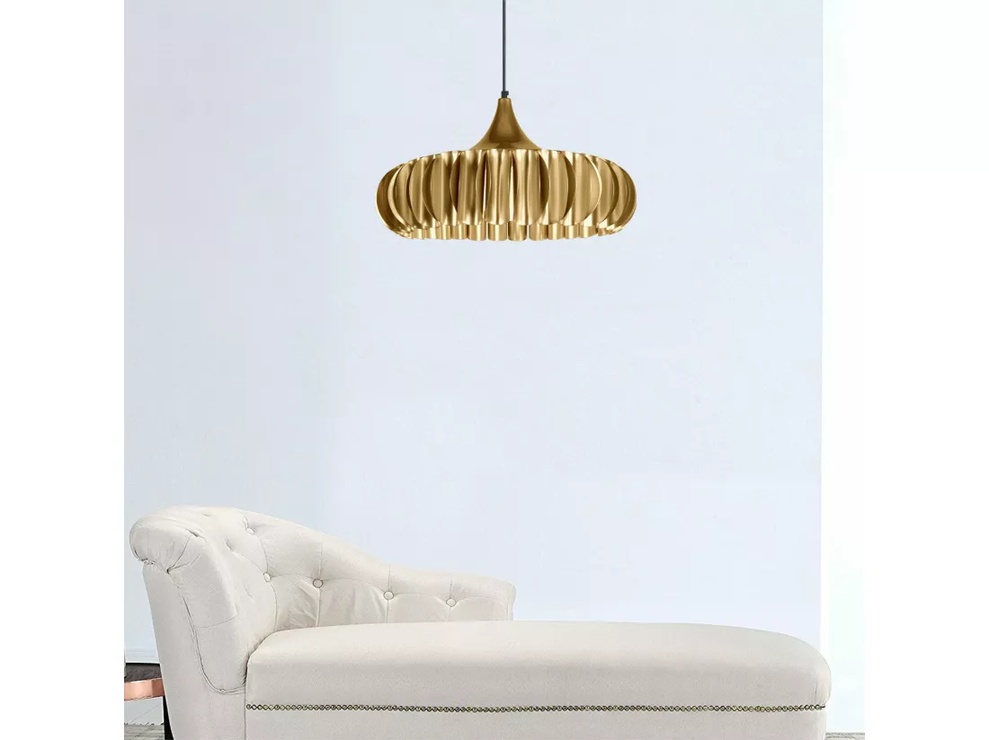 Suspension ronde lamelles métal doré 85 cm.