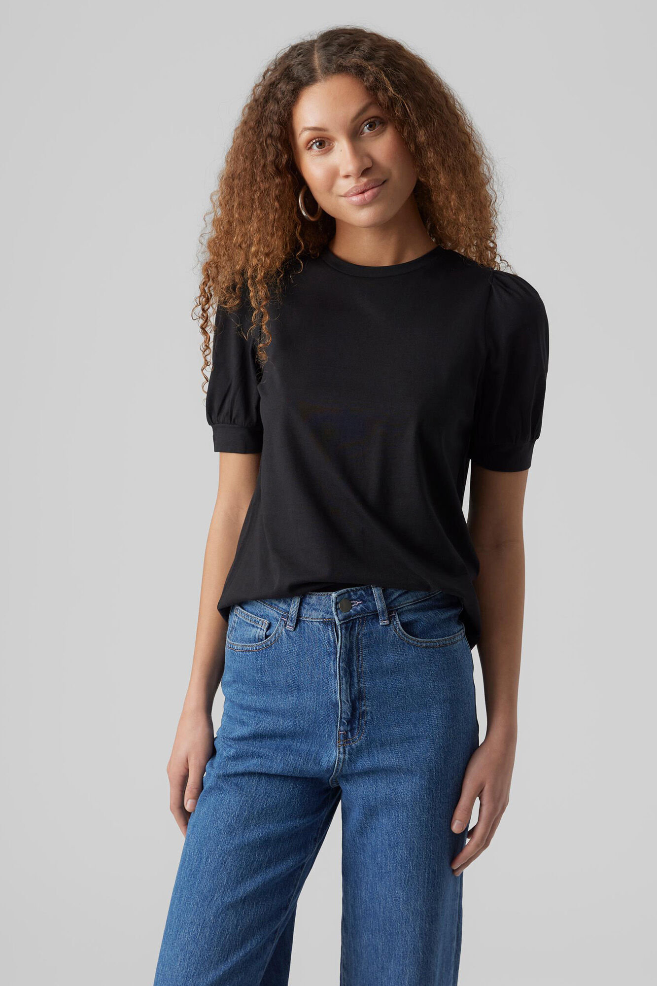 Blusa de algodão com mangas bufantes - Preta