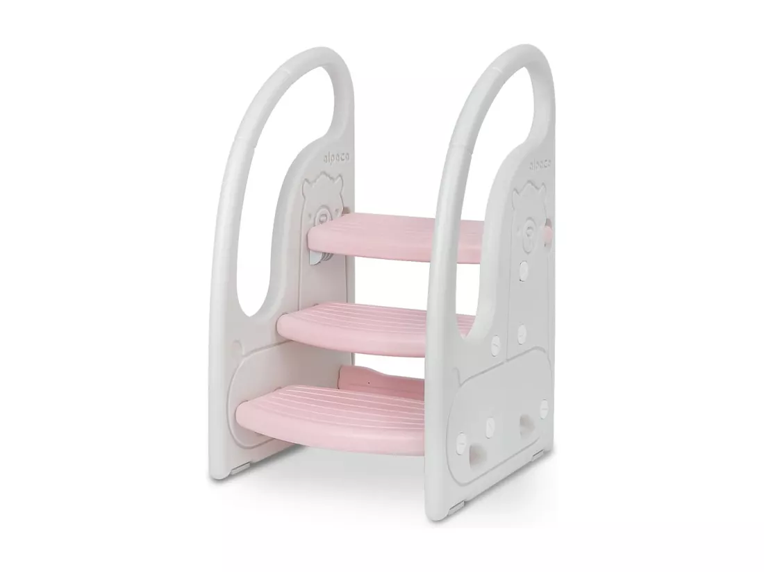 Marchepied Enfant 3 Marches Antidérapant pour Apprentissage de la propreté, Tabouret Bébé Rose et Beige, Structure Triangulaire, Rehausseur Stable