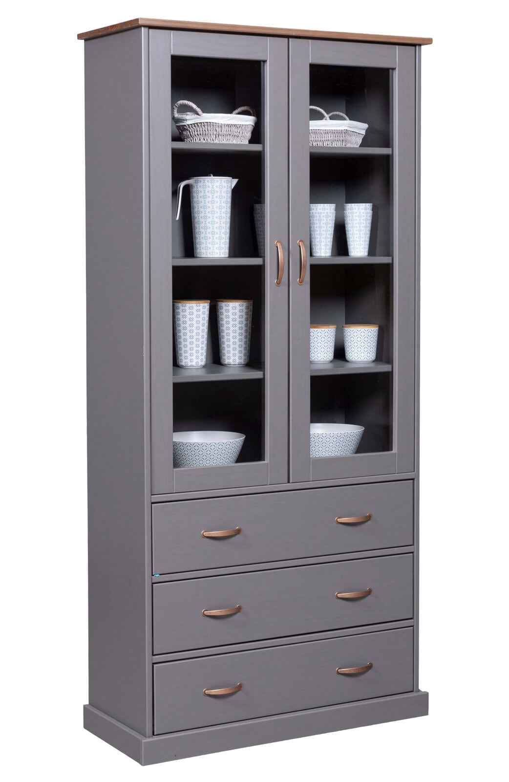 Vitrine Niclas Massivholz grau/braun 90x190x38,4 cm