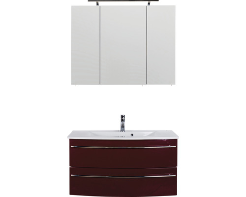 Badkamermeubelset Marlin 3040, glanzend rode fronten, 3-delige set met witte keramische wastafel, BxHxD 91 x 198,2 x 51 cm, met spiegelkast