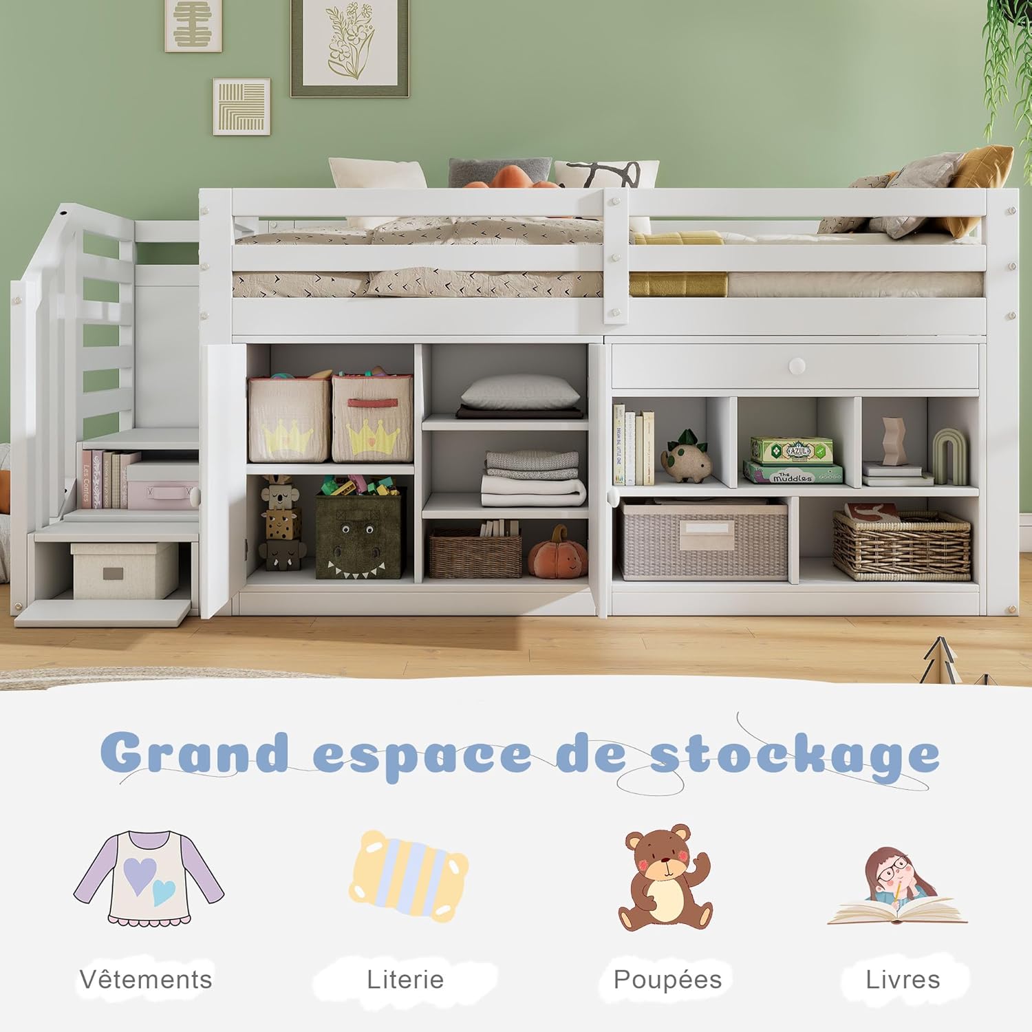 Kinderbett 90x200 Einzelbett, Hochbett mit Stauschrank, Schreibtisch und Treppe, Regal & Schubladen & Schließfach, Holzbett Stauraumbett Funktionsbett Jugendhochbett mit Lattenrost,Ohne Matratze,Weiß
