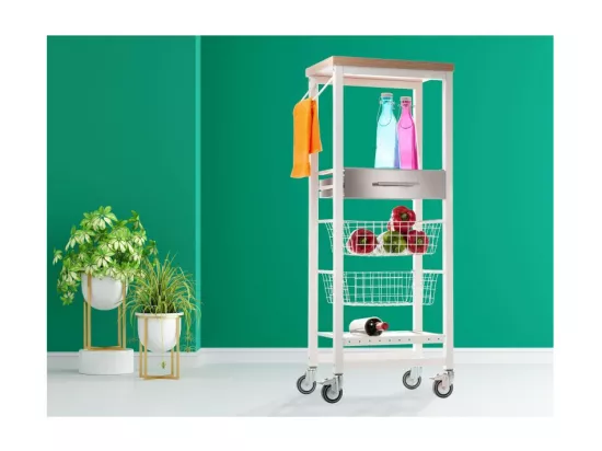 Desserte de cuisine haut, chariot de rangement - couleur Blanc, Inox, Orme - 123*48,5*34 cm - ONDA ALTO