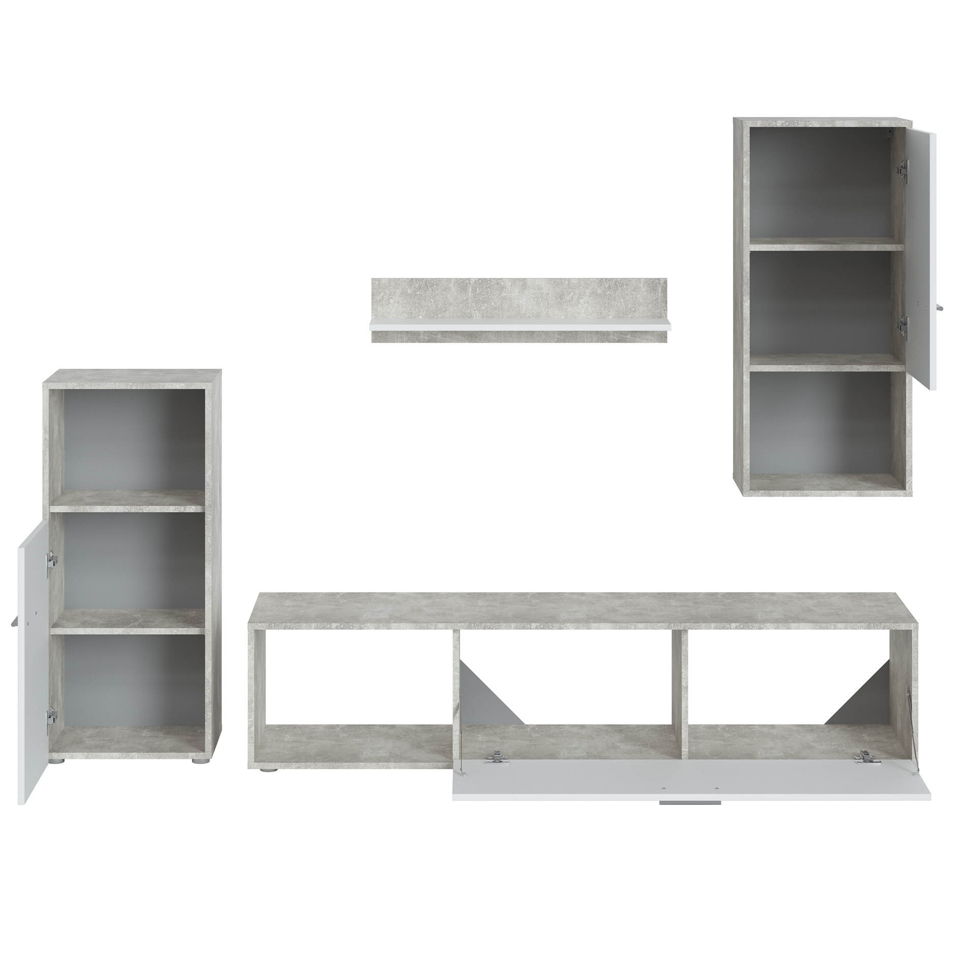 4-teiliges Wohnwand-Set - Beton-Optik - perlweiß