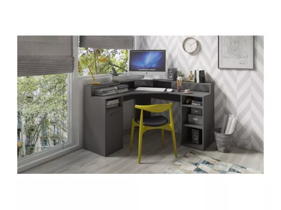 Bureau d'angle OFFICE coloris gris avec caisson de rangement, 3 niches et support écran