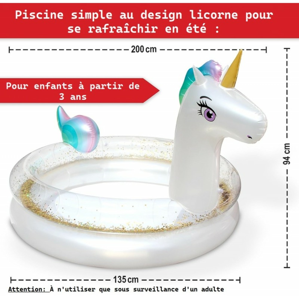 Piscine gonflable pour enfants - 200x135x90 cm piscine hors sol design licorne- à partir de 3ans.