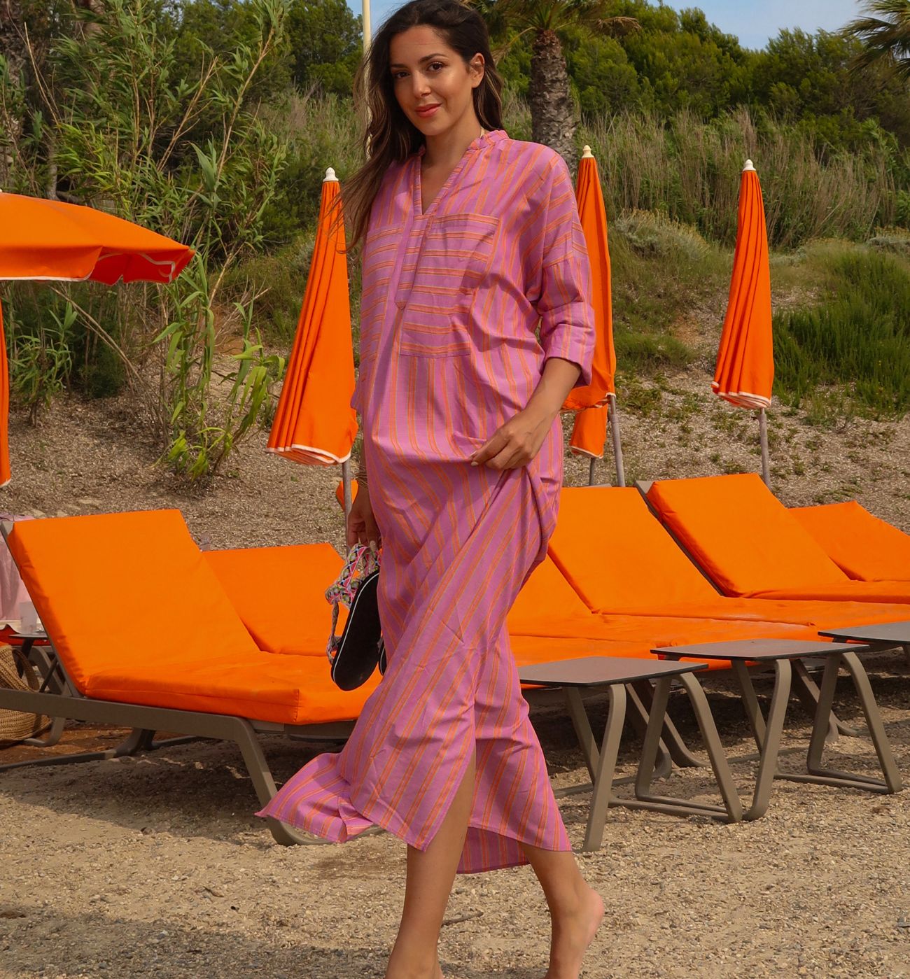 Robe caftan rayée Femme - Carreaux gris foncé