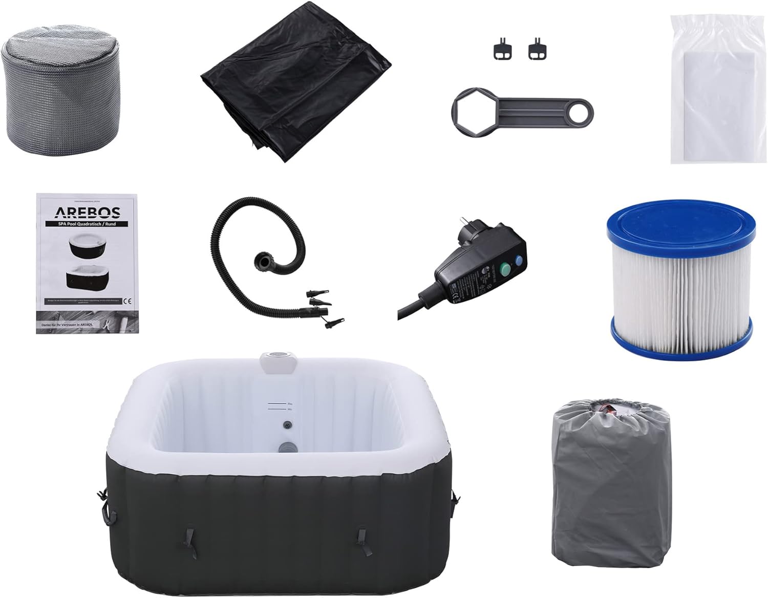 Arebos Aufblasbarer Spa Pool | für drinnen und draußen | Whirlpool 4 Personen | 154x154cm | 100 Massagedüsen | Wellness Spa Heizung | Aufblasbare Massage Quadrat | 600 Liter
