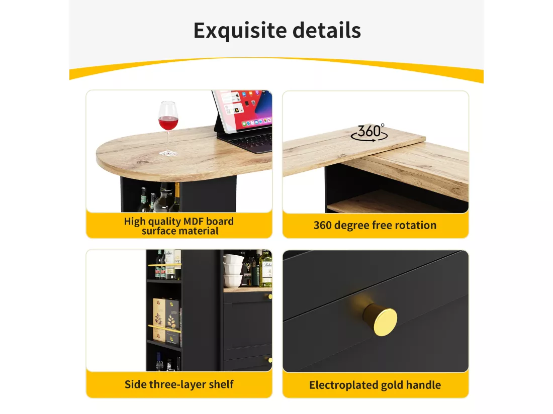 Buffet、Meuble de bar pivotant et escamotable - 4 tiroirs et 4 compartiments - Noir