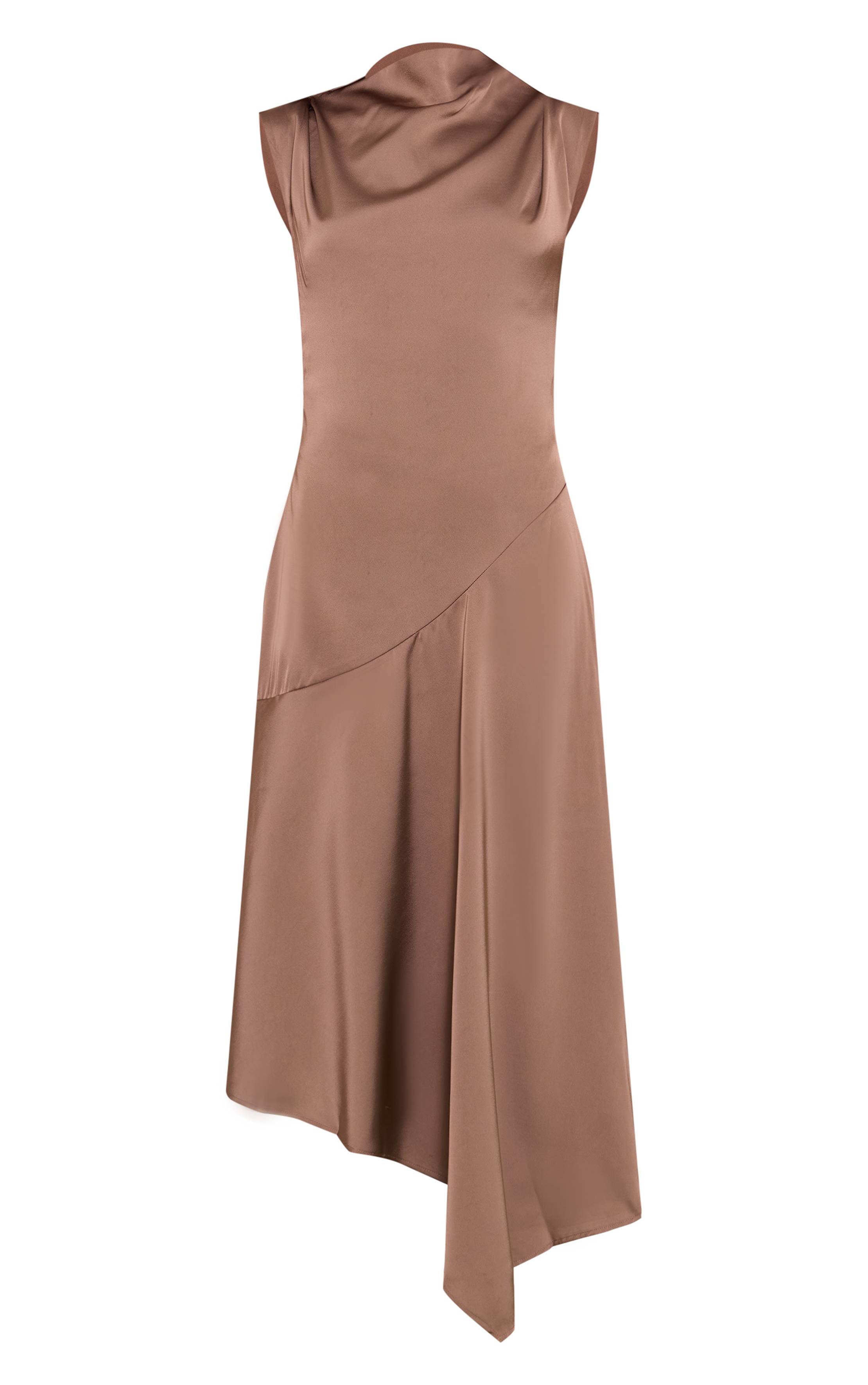 Taupe Robe Mi-longue Satinée À Col Montant