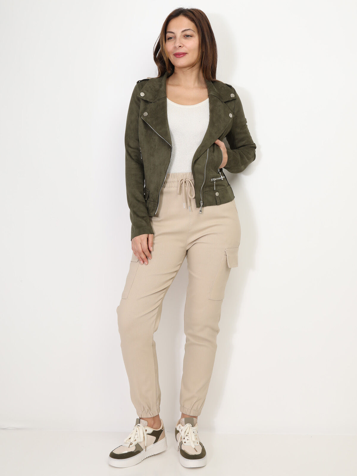 Veste biker ajustée en suédine- Kaki