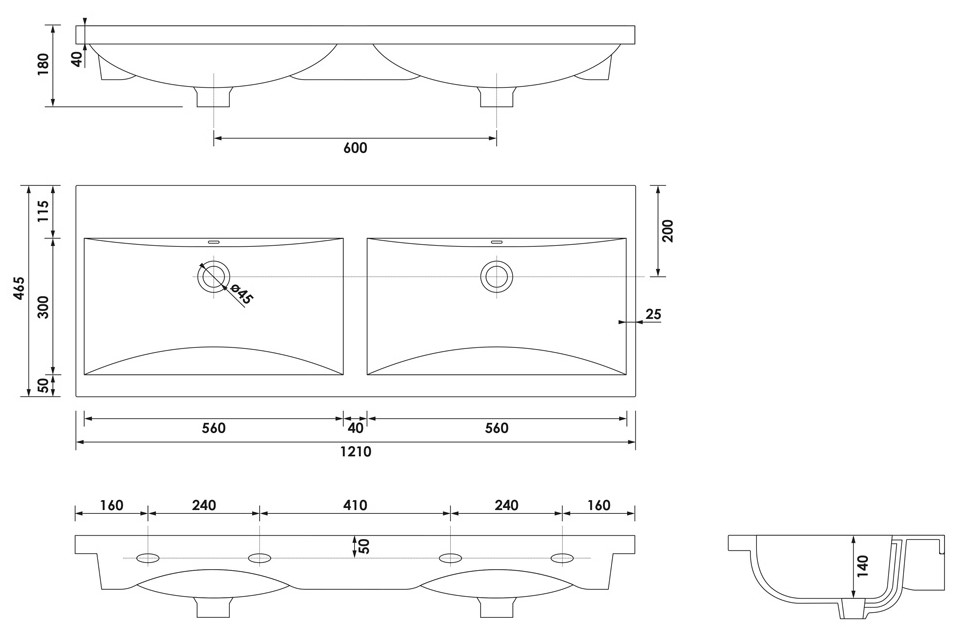 Brauer Halo wastafel keramiek 120cm zonder kraangaten wit glans
