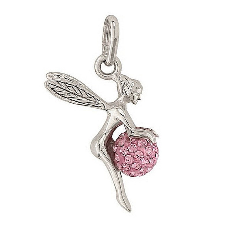 Pendentif Fée clochette et sa boule disco rose en argent 925°/00 + chaine