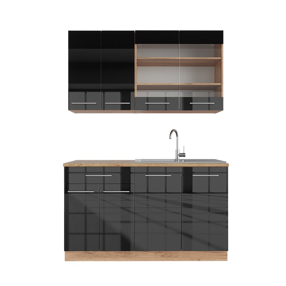 Vicco Küchenzeile Küchenblock Einbauküche Fame-Line Single Eiche Anthrazit 140 cm modern Küchen Schränke Spülenunterschrank Schubunterschrank Hängeschrank Hängeglasschrank Hochglanz