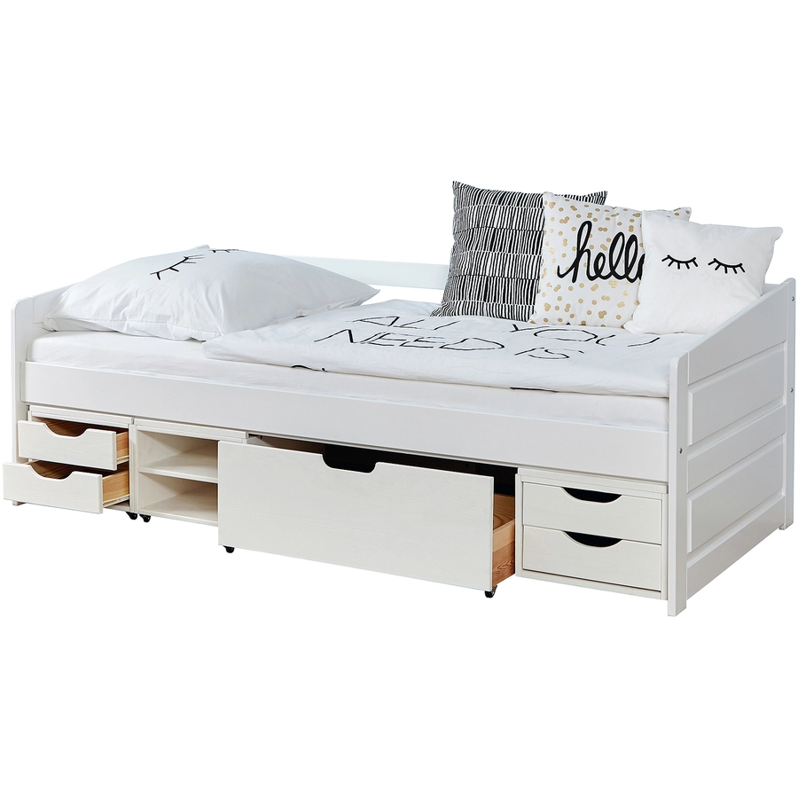 TiCAA Sofabett Micki Buche weiß mit 4 Funktionsschubladen