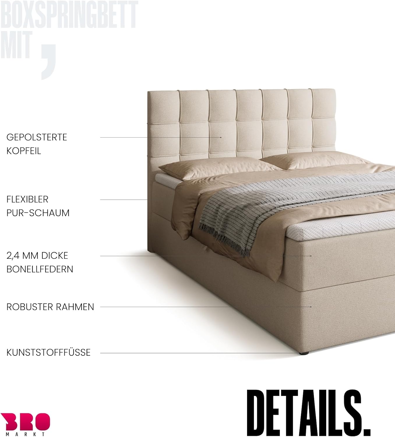 BROMARKT Boxspringbett mit Bonell Matratze und Bettkasten Doppelbett mit Topper 140x200cm Härtegrad H3 Bett für Schlafzimmer gepolsterte Kopfstütze Detroit Beige