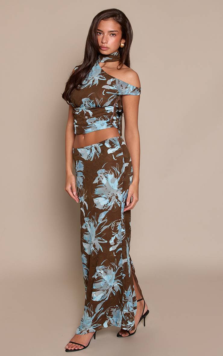 Bleu Jupe Longue Taille Basse À Motif Floral Dévoré Coordonné