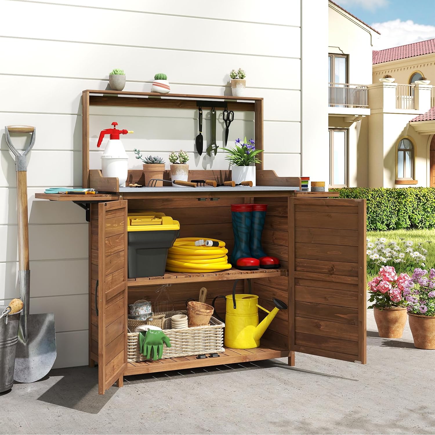 COSTWAY Pflanztisch Outdoor wetterfest, Gärtnertisch Holz, Blumentisch mit Unterschrank & verzinkter Arbeitsplatte & klappbarer Seitentische, Gärtnertisch für Garten Terrasse Hof, 138x47x128cm, Braun