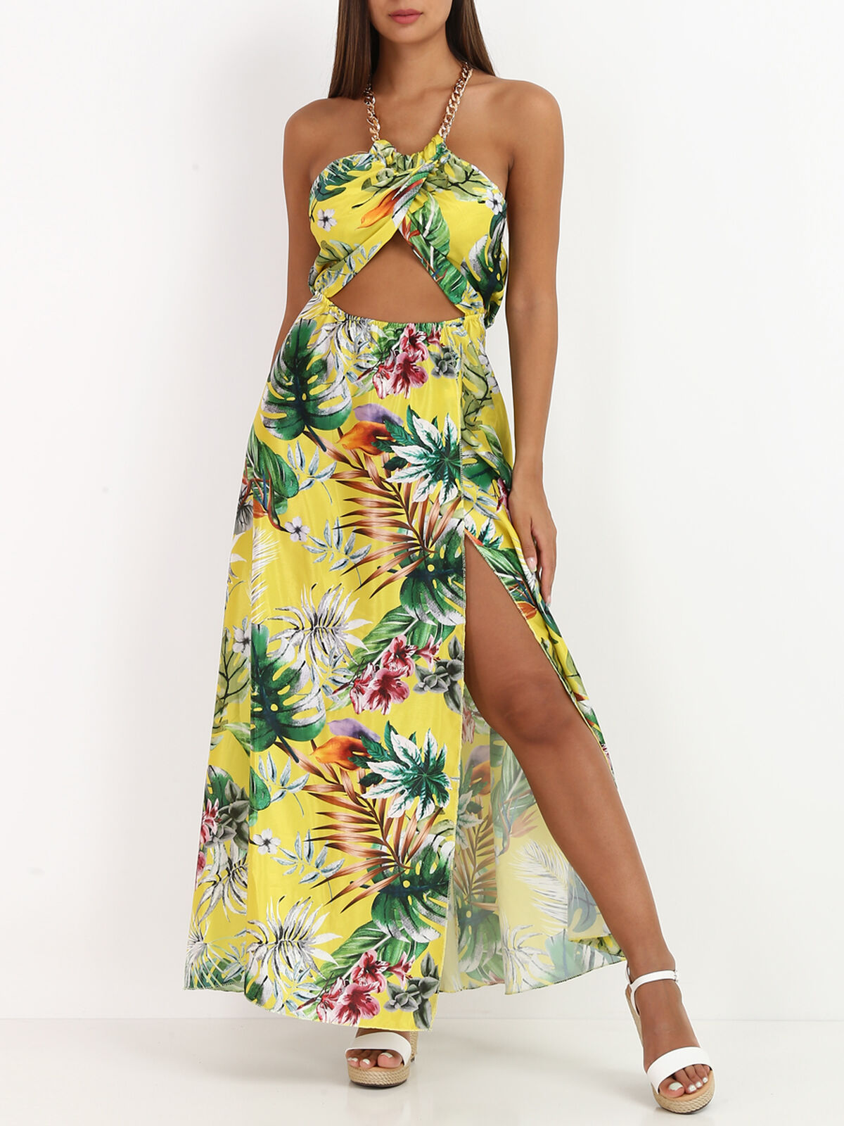 Robe ajourée à chaîne et imprimé tropical- Jaune