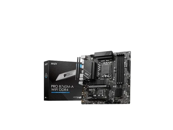 MSI PRO B760M-A WIFI DDR4 - Bundkort - micro ATX - LGA1700 sokkel - B760 Chipset - USB 3.2 Gen 2, USB 3.2 Gen 1, USB-C 3.2 Gen 1 - 2.5 Gigabit LAN, Wi-Fi 6E, Bluetooth - onboard grafik (CPU påkrævet) - HD Audio (8-kanaler)