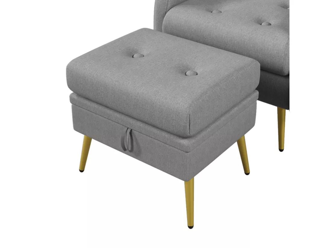 Fauteuil en tissu polypropylène, avec pouf de rangement, dossier réglable en 3 niveaux, 68x77x85cm, Gris