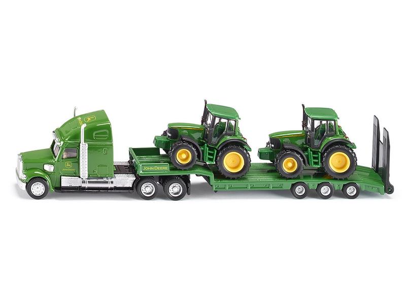 Siku Lastwagen mit Tieflader und 2x John Deere Traktoren 1: US-Truck Sattelzug mit zwei John Deere 6920S Traktoren