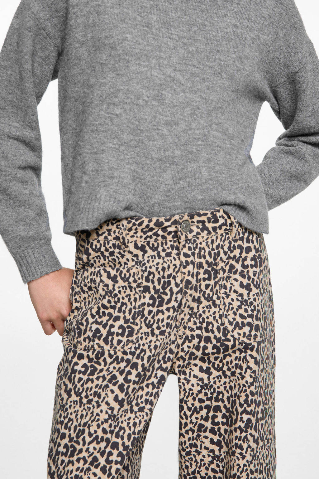 MANGO TEEN straight fit broek met panterprint lichtbruin/zwart