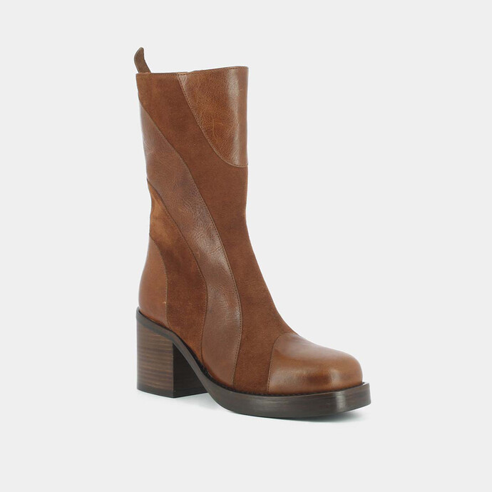 Bottes bi-matières à talons épais  en cuir et croute cognac