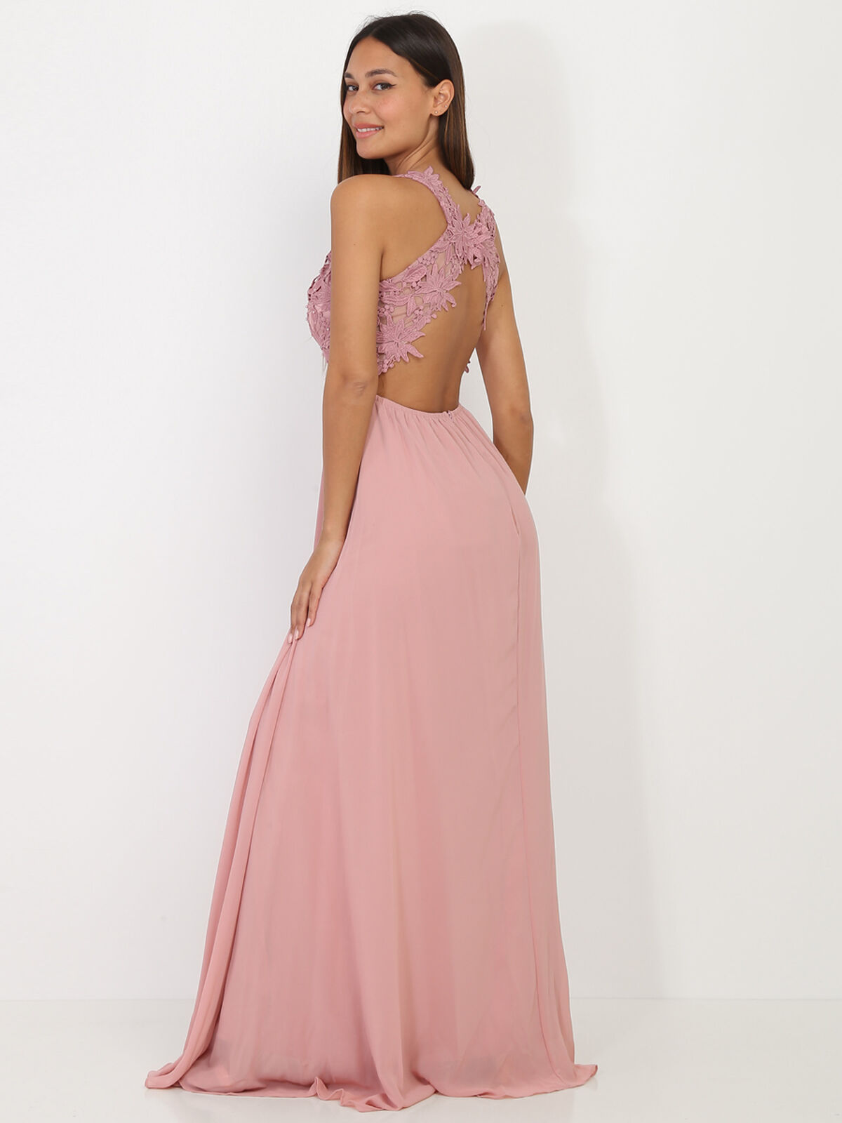 Robe longue à broderies fleuries- Vieux rose