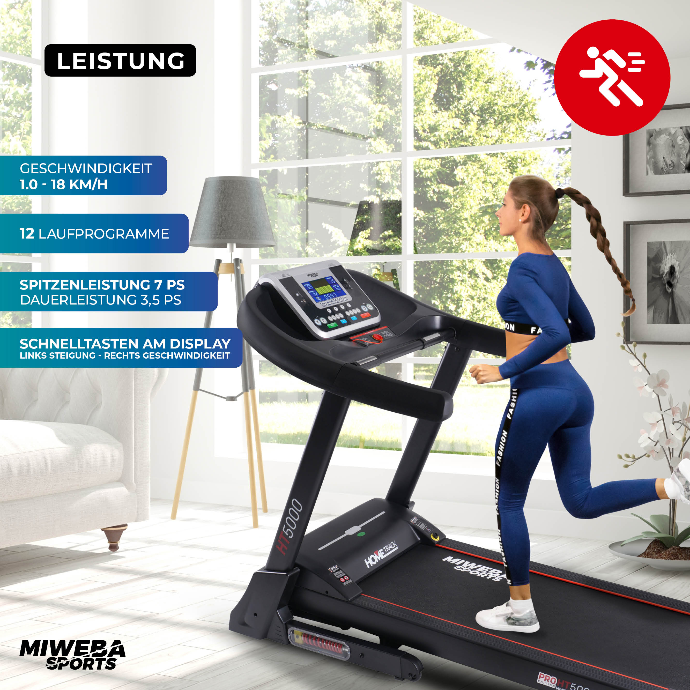 Miweba Sports Laufband Home Track HT5000, mit Steigung, 2000 Watt, große Lauffläche, 1-18 km/h (Schwarz)