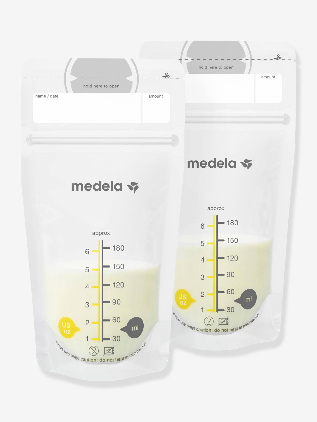 Caixa com 25 sacos para armazenamento de leite materno Medela Pump & Save, incolores.