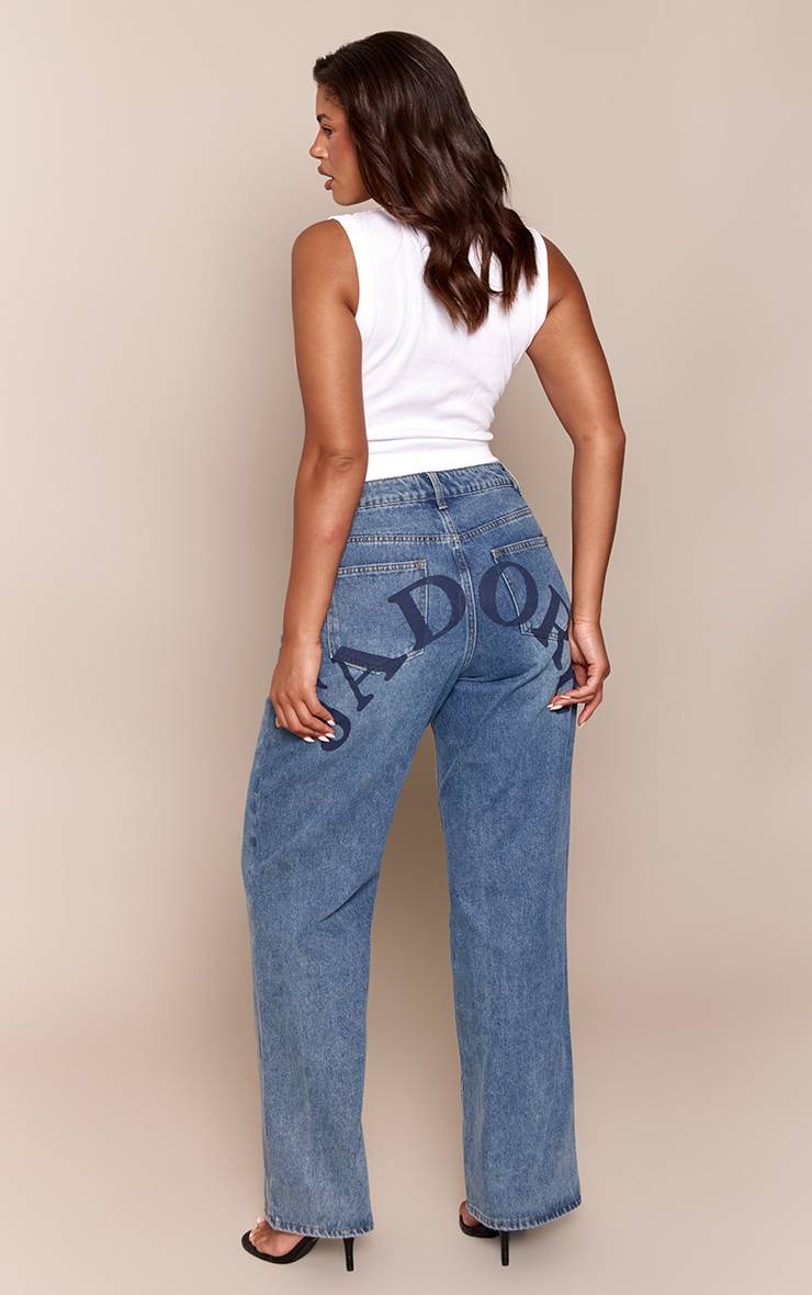 Mid Blue Wash Jean En Denim Large À Taille Basse Délavé Imprimé Jadore